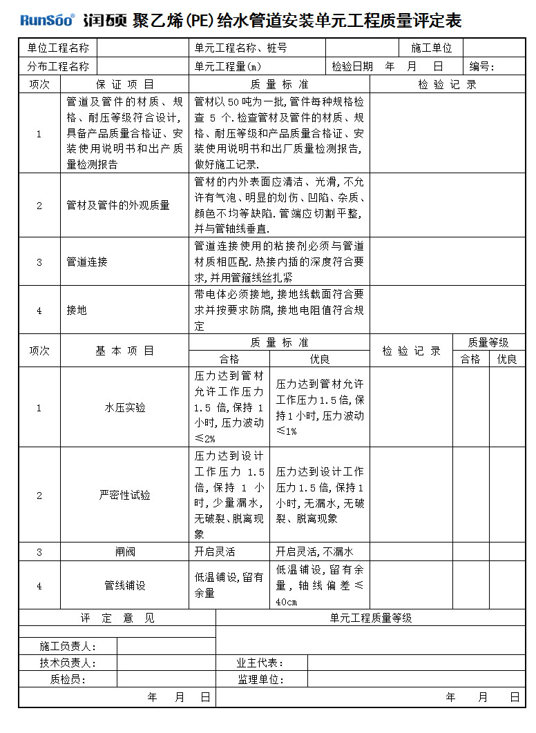 PE给水管安装质量评定表